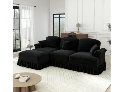 Sofá preto de 3 lugares com apoio lombar - Apoio para os pés móvel - Tecido chenille