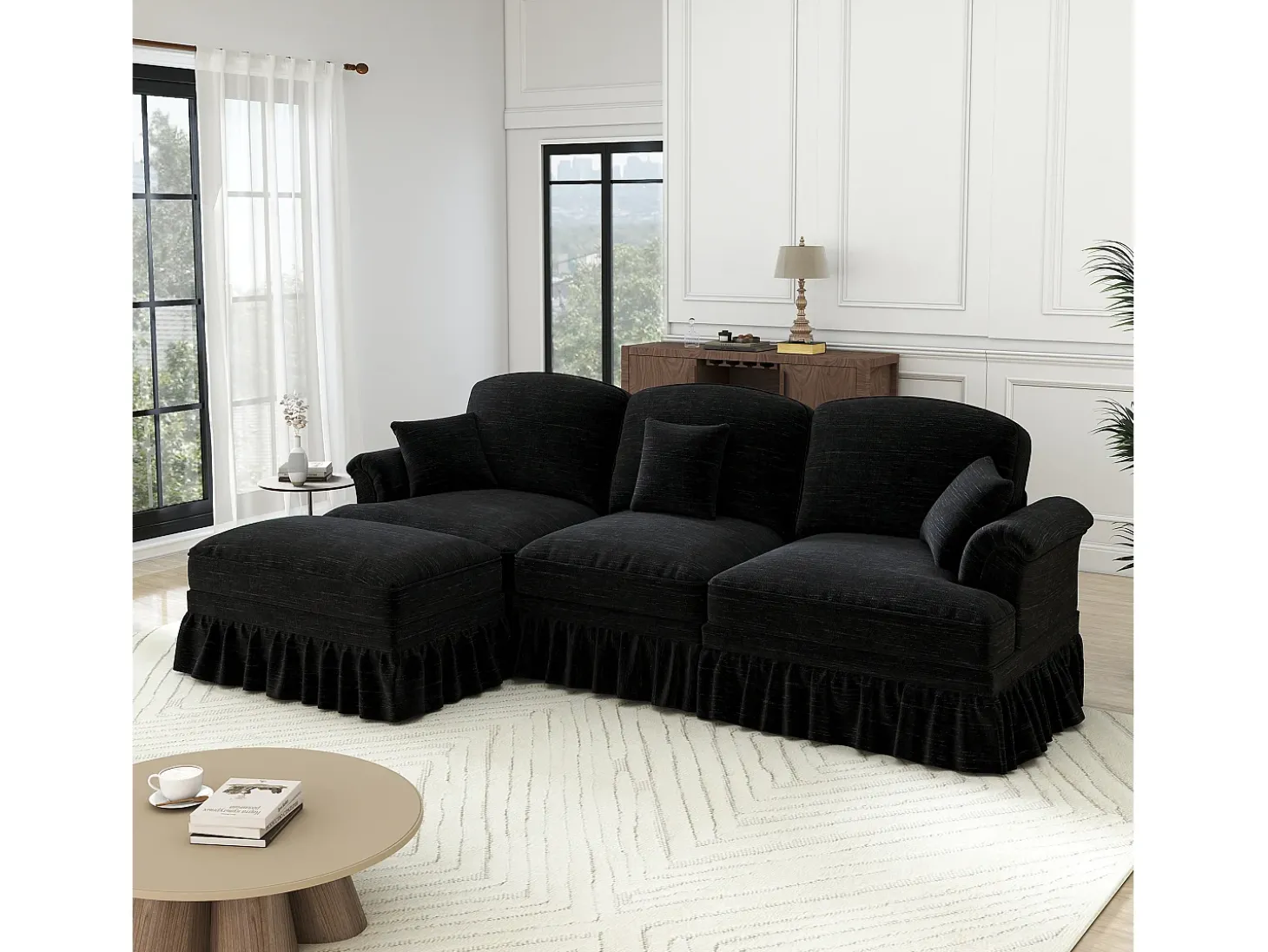 Sofá preto de 3 lugares com apoio lombar - Apoio para os pés móvel - Tecido chenille