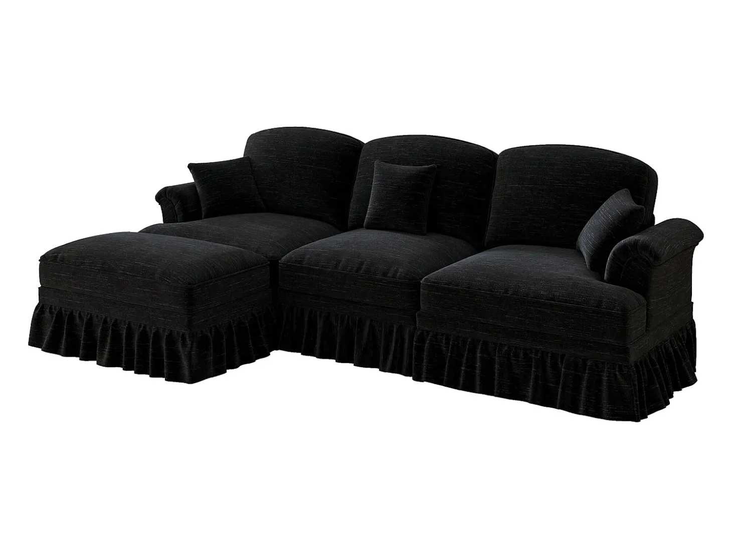 Sofá preto de 3 lugares com apoio lombar - Apoio para os pés móvel - Tecido chenille