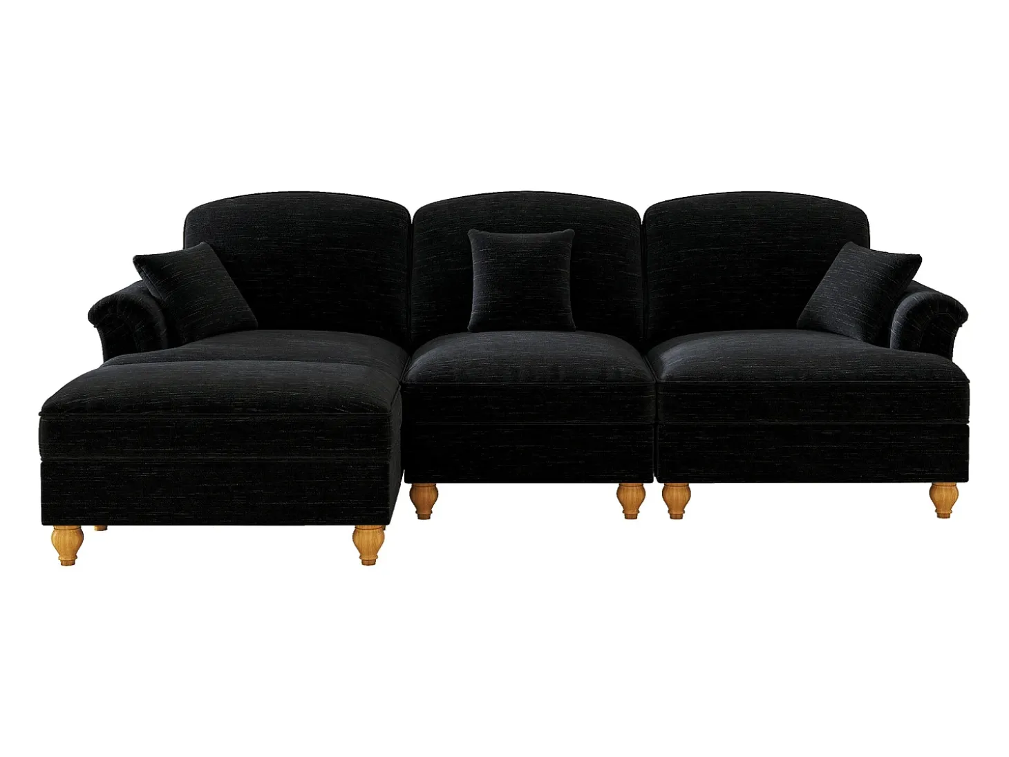 Sofá preto de 3 lugares com apoio lombar - Apoio para os pés móvel - Tecido chenille