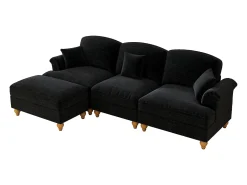Sofá preto de 3 lugares com apoio lombar - Apoio para os pés móvel - Tecido chenille
