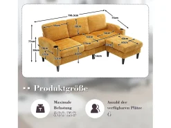 Sofá reto amarelo de 4 lugares com apoio para os pés, bolsos laterais e suporte para copos 196,5 x 75 x 77 cm