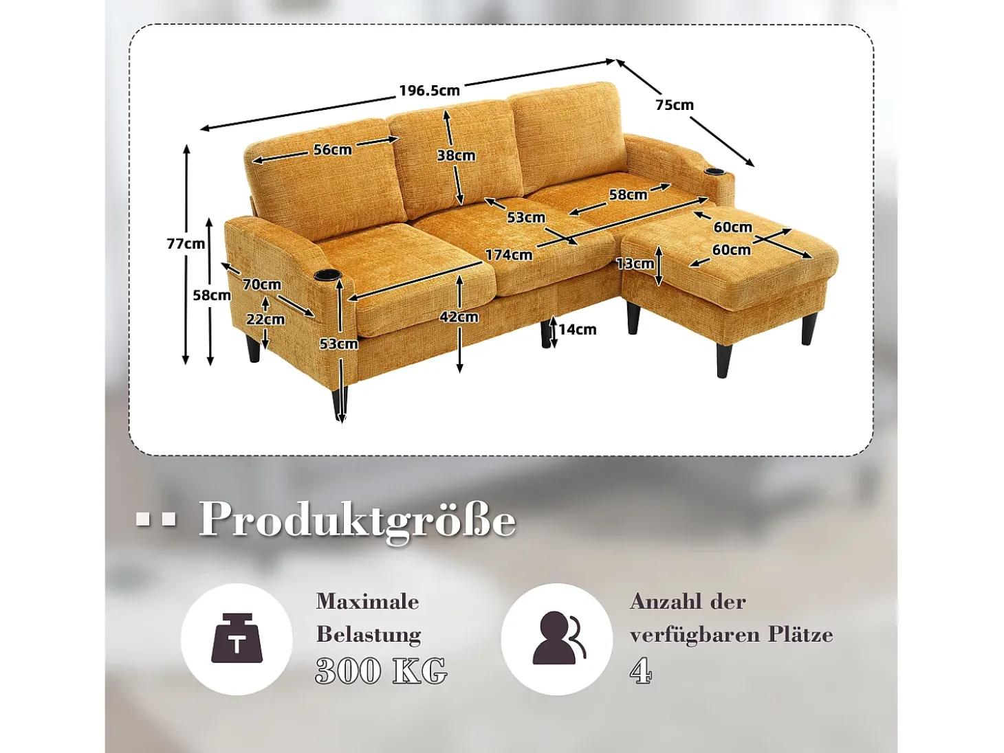 Sofá reto amarelo de 4 lugares com apoio para os pés, bolsos laterais e suporte para copos 196,5 x 75 x 77 cm