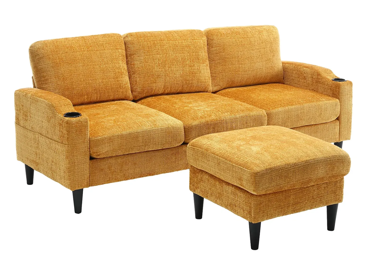 Sofá reto amarelo de 4 lugares com apoio para os pés, bolsos laterais e suporte para copos 196,5 x 75 x 77 cm