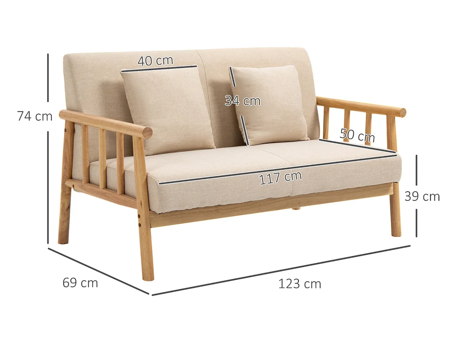 Sofá reto bege de 2 lugares, estrutura de madeira natural, 2 almofadas incluídas - 123x69x74cm