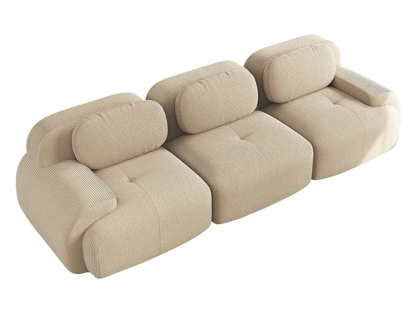 Sofá reto com braços curvos - Sofá de 3 lugares com encosto e almofadas decorativas - Veludo cotelê bege