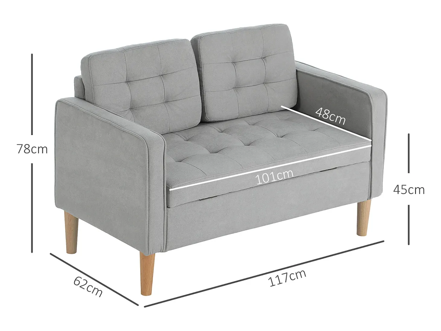 Sofá reto de 2 lugares em veludo cinza com armazenamento integrado - 117x62x78cm