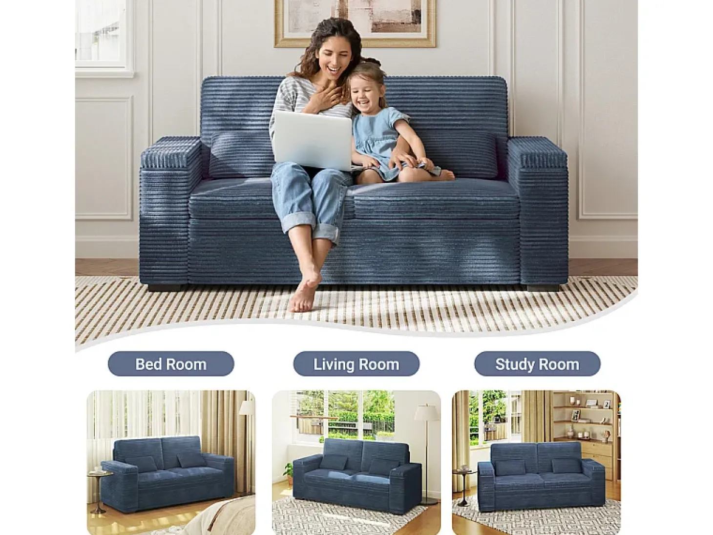 Sofá reto de 2 lugares em veludo canelado Azul - com braços de armazenamento - 180x74x84cm