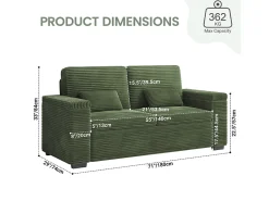 Sofá reto de 2 lugares em veludo canelado Verde - com braços de armazenamento - 180x74x84cm