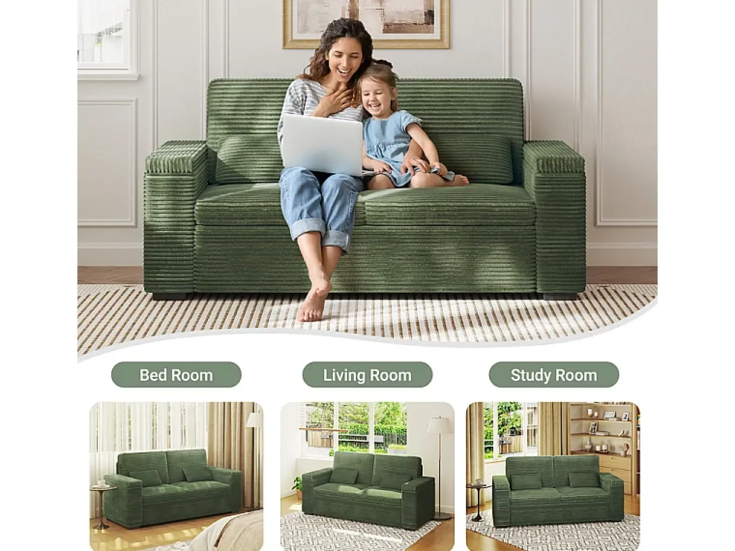 Sofá reto de 2 lugares em veludo canelado Verde - com braços de armazenamento - 180x74x84cm