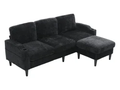 Sofá reto preto de 4 lugares com apoio para os pés, bolsos laterais e suporte para copos 196,5 x 75 x 77 cm