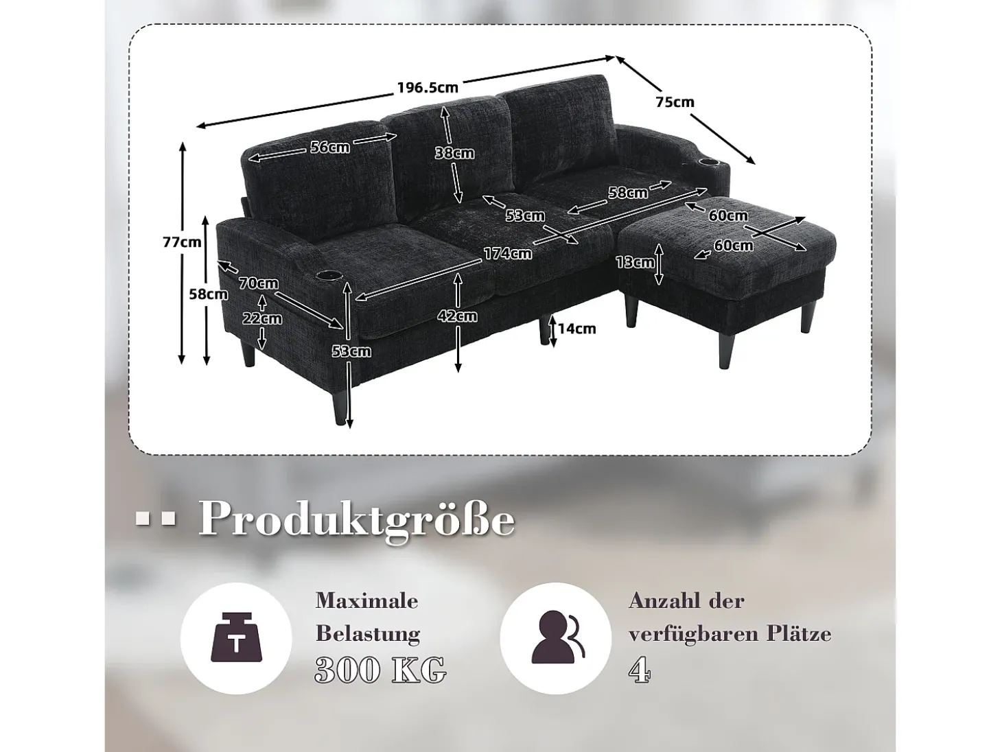 Sofá reto preto de 4 lugares com apoio para os pés, bolsos laterais e suporte para copos 196,5 x 75 x 77 cm