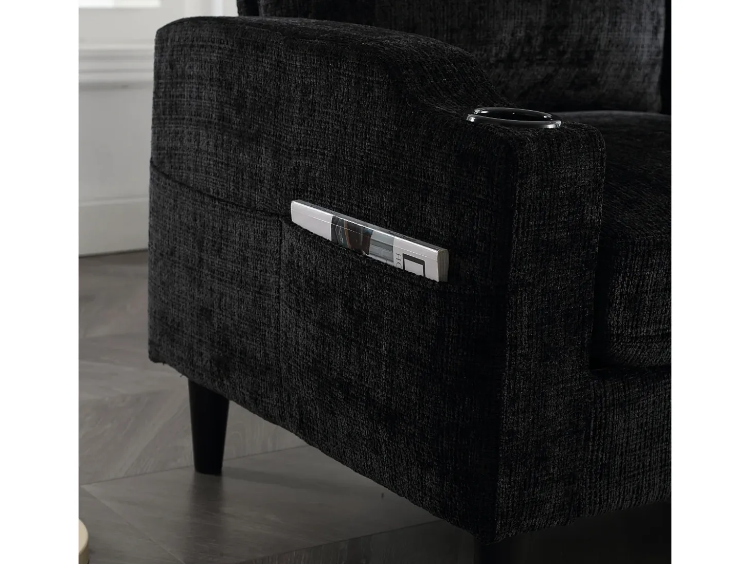 Sofá reto preto de 4 lugares com apoio para os pés, bolsos laterais e suporte para copos 196,5 x 75 x 77 cm