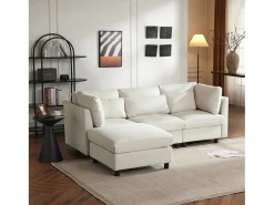 Sofá reversível de canto de 3 lugares com apoio para pés - 220 x 83 x 81 cm - Tecido de linho - Bege
