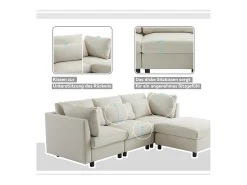 Sofá reversível de canto de 3 lugares com apoio para pés - 220 x 83 x 81 cm - Tecido de linho - Bege