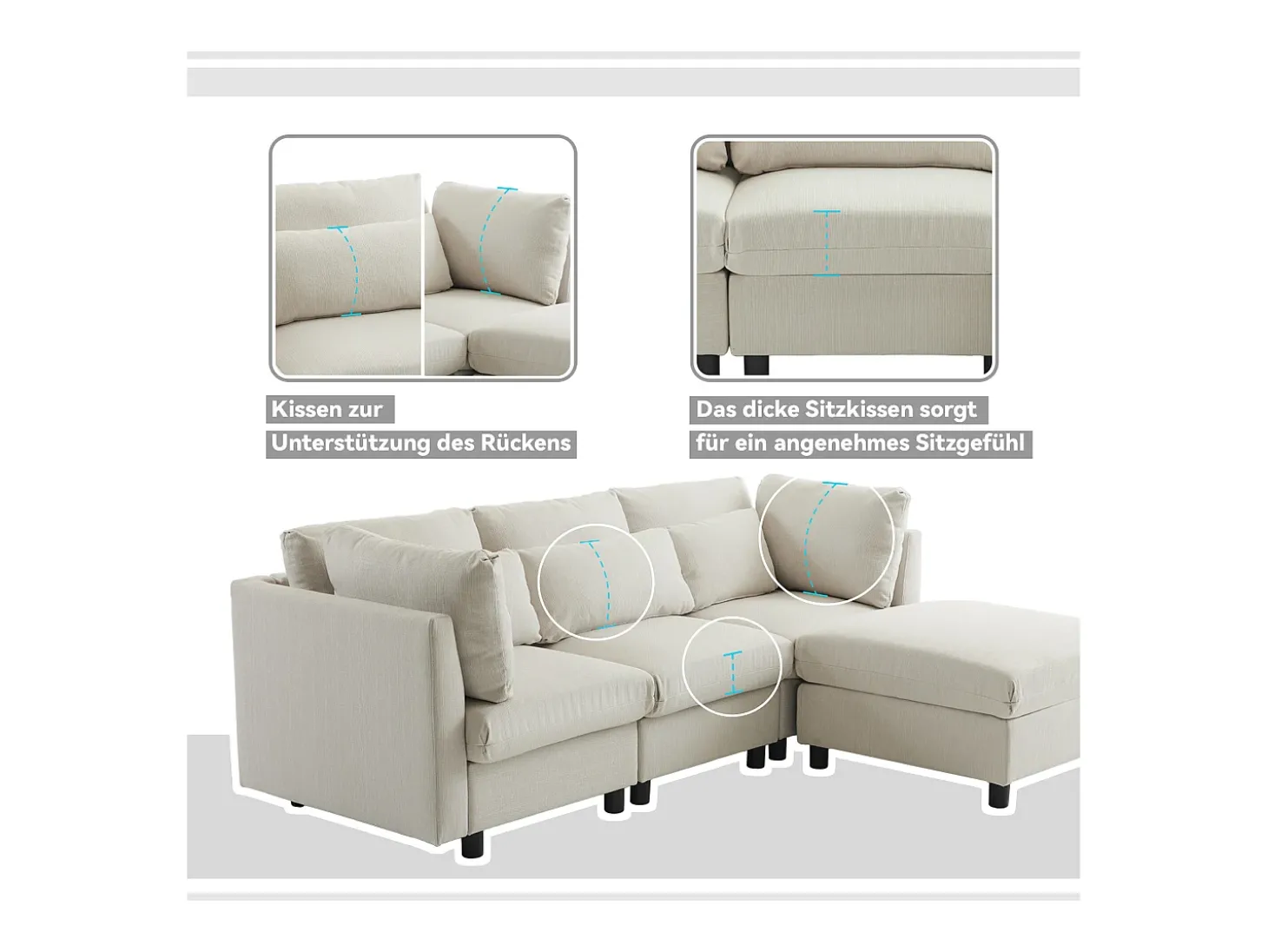 Sofá reversível de canto de 3 lugares com apoio para pés - 220 x 83 x 81 cm - Tecido de linho - Bege