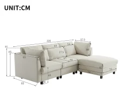 Sofá reversível de canto de 3 lugares com apoio para pés - 220 x 83 x 81 cm - Tecido de linho - Bege