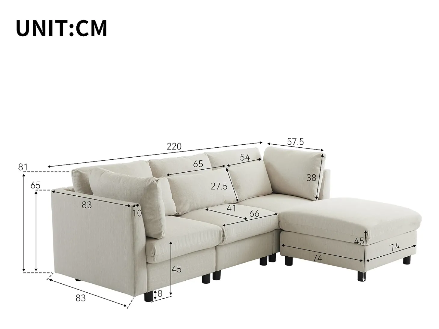 Sofá reversível de canto de 3 lugares com apoio para pés - 220 x 83 x 81 cm - Tecido de linho - Bege