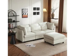 Sofá reversível de canto de 3 lugares com apoio para pés - 220 x 83 x 81 cm - Tecido de linho - Bege