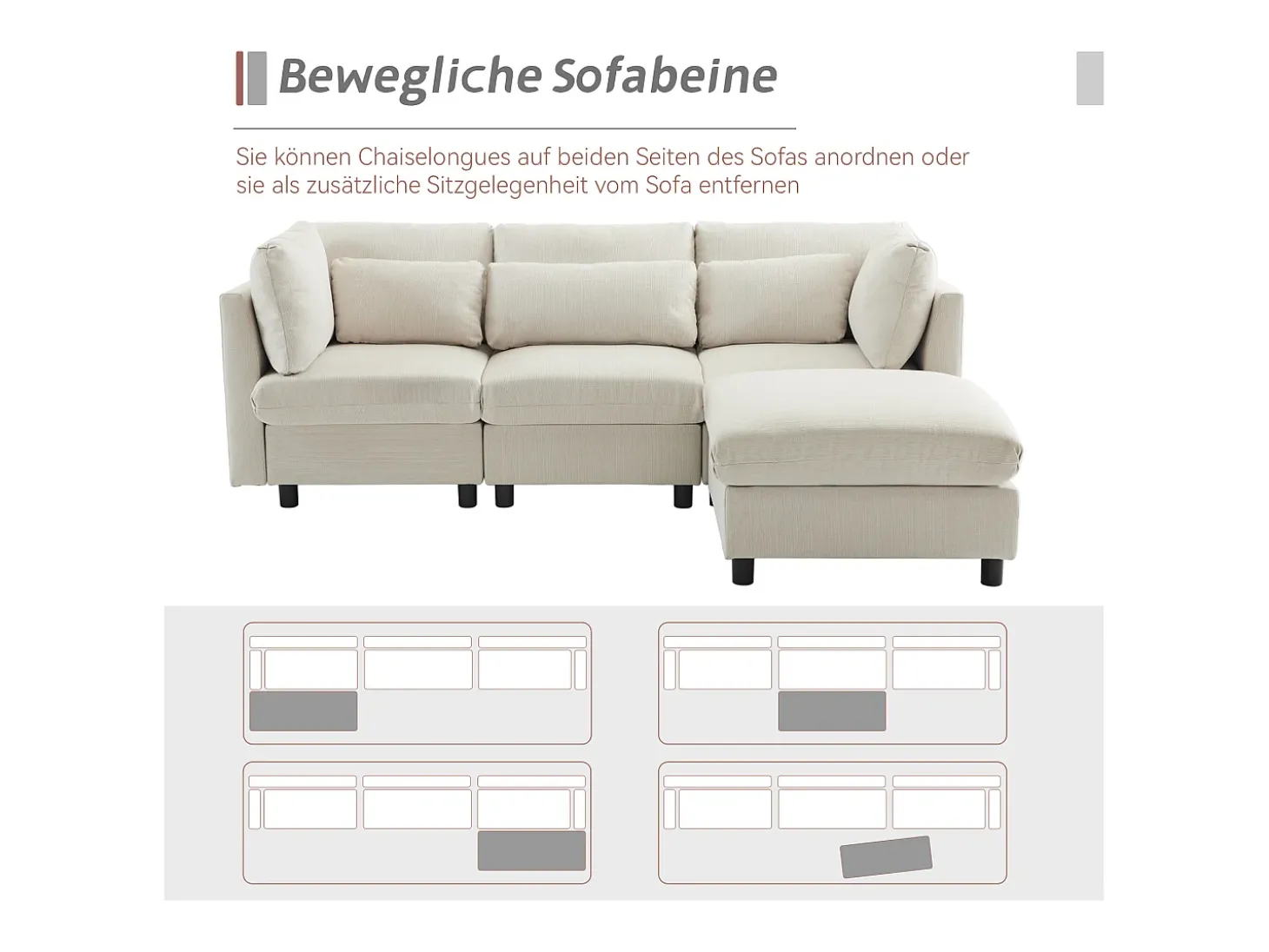 Sofá reversível de canto de 3 lugares com apoio para pés - 220 x 83 x 81 cm - Tecido de linho - Bege