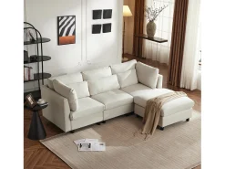 Sofá reversível de canto de 3 lugares com apoio para pés - 220 x 83 x 81 cm - Tecido de linho - Bege