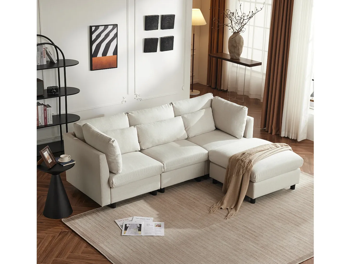 Sofá reversível de canto de 3 lugares com apoio para pés - 220 x 83 x 81 cm - Tecido de linho - Bege