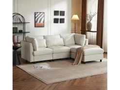 Sofá reversível de canto de 3 lugares com apoio para pés - 220 x 83 x 81 cm - Tecido de linho - Bege
