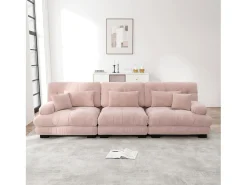 Sofá rosa de 3 lugares - Sofá reto com 3 almofadas lombares e 3 almofadas decorativas - chenille