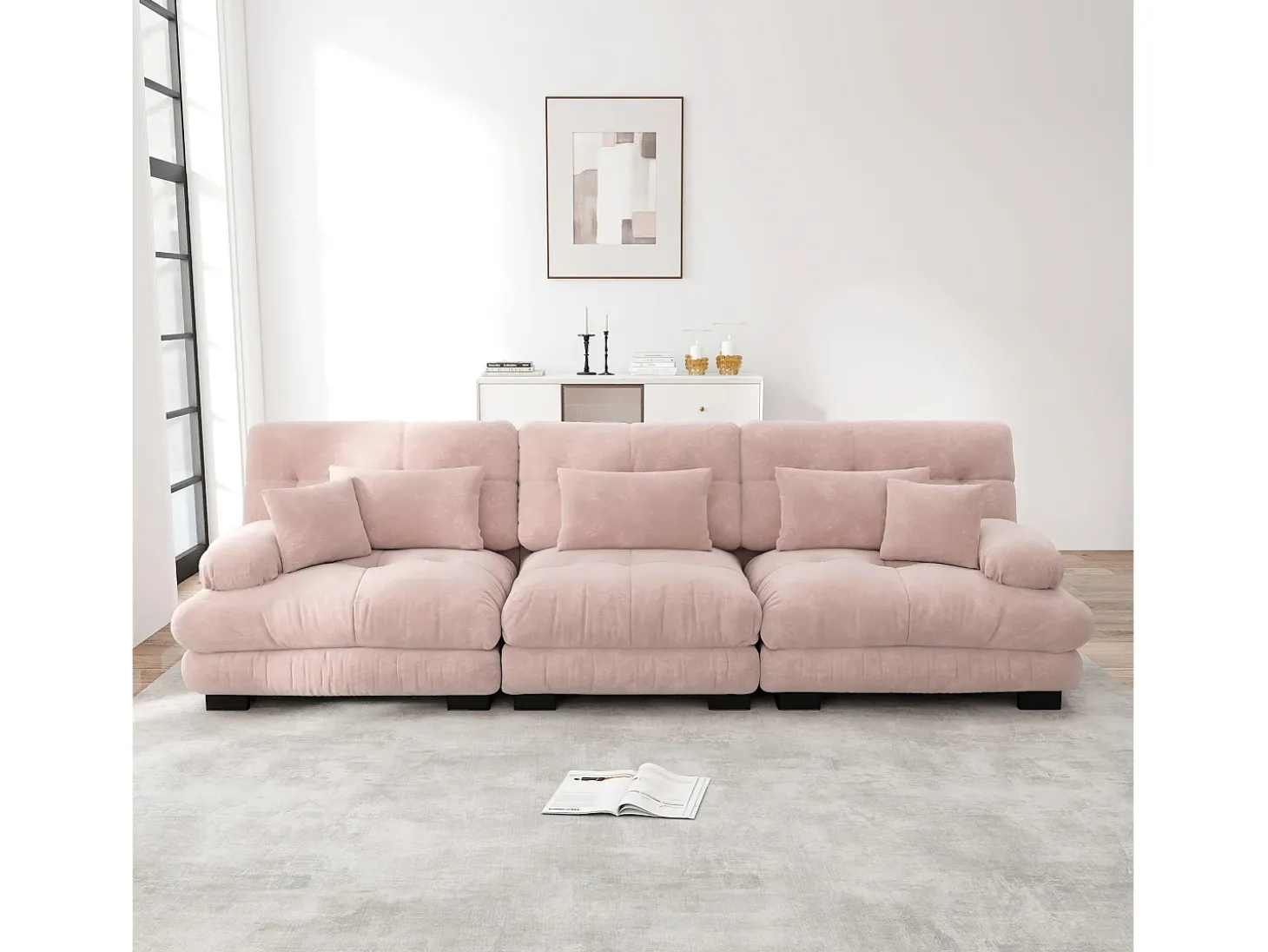 Sofá rosa de 3 lugares - Sofá reto com 3 almofadas lombares e 3 almofadas decorativas - chenille