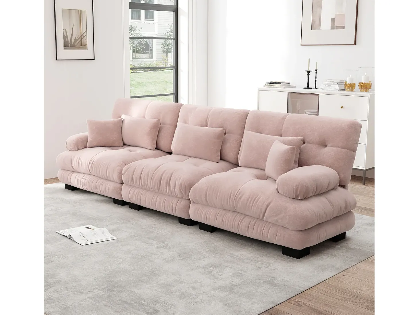 Sofá rosa de 3 lugares - Sofá reto com 3 almofadas lombares e 3 almofadas decorativas - chenille