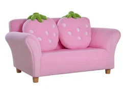 Sofá rosa de 2 lugares - Sofá infantil com 2 almofadas e braços com estampado de morango
