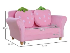Sofá rosa de 2 lugares - Sofá infantil com 2 almofadas e braços com estampado de morango