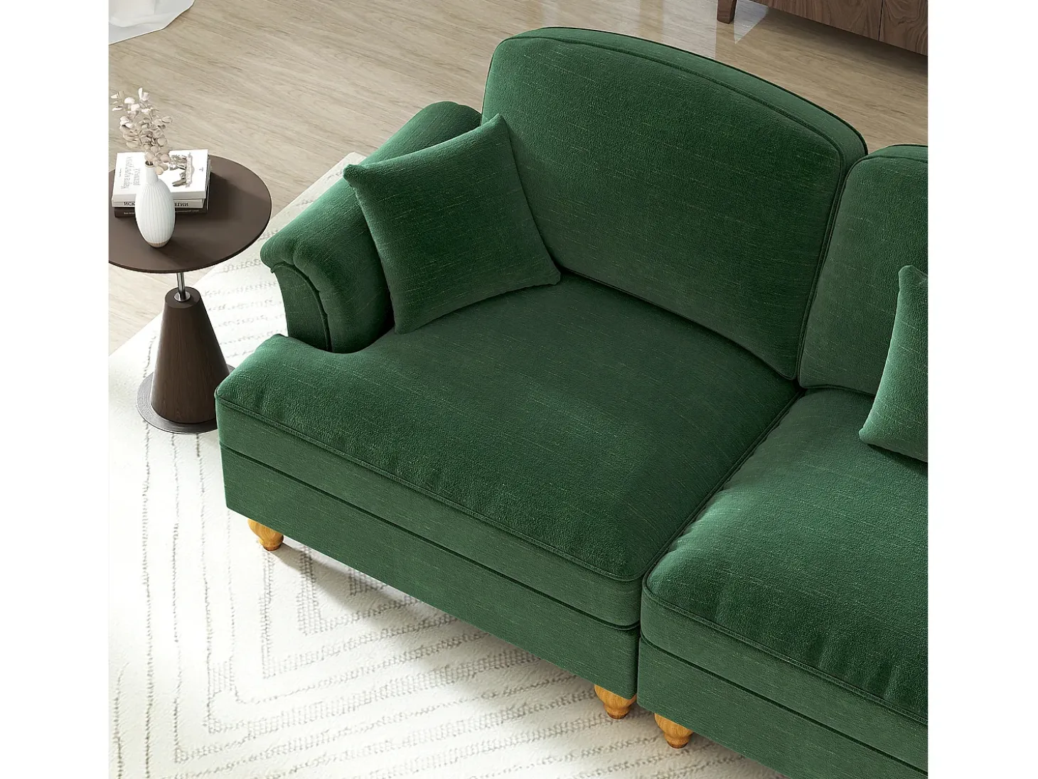 Sofá verde de 3 lugares com apoio lombar - Apoio para os pés móvel - Tecido chenille