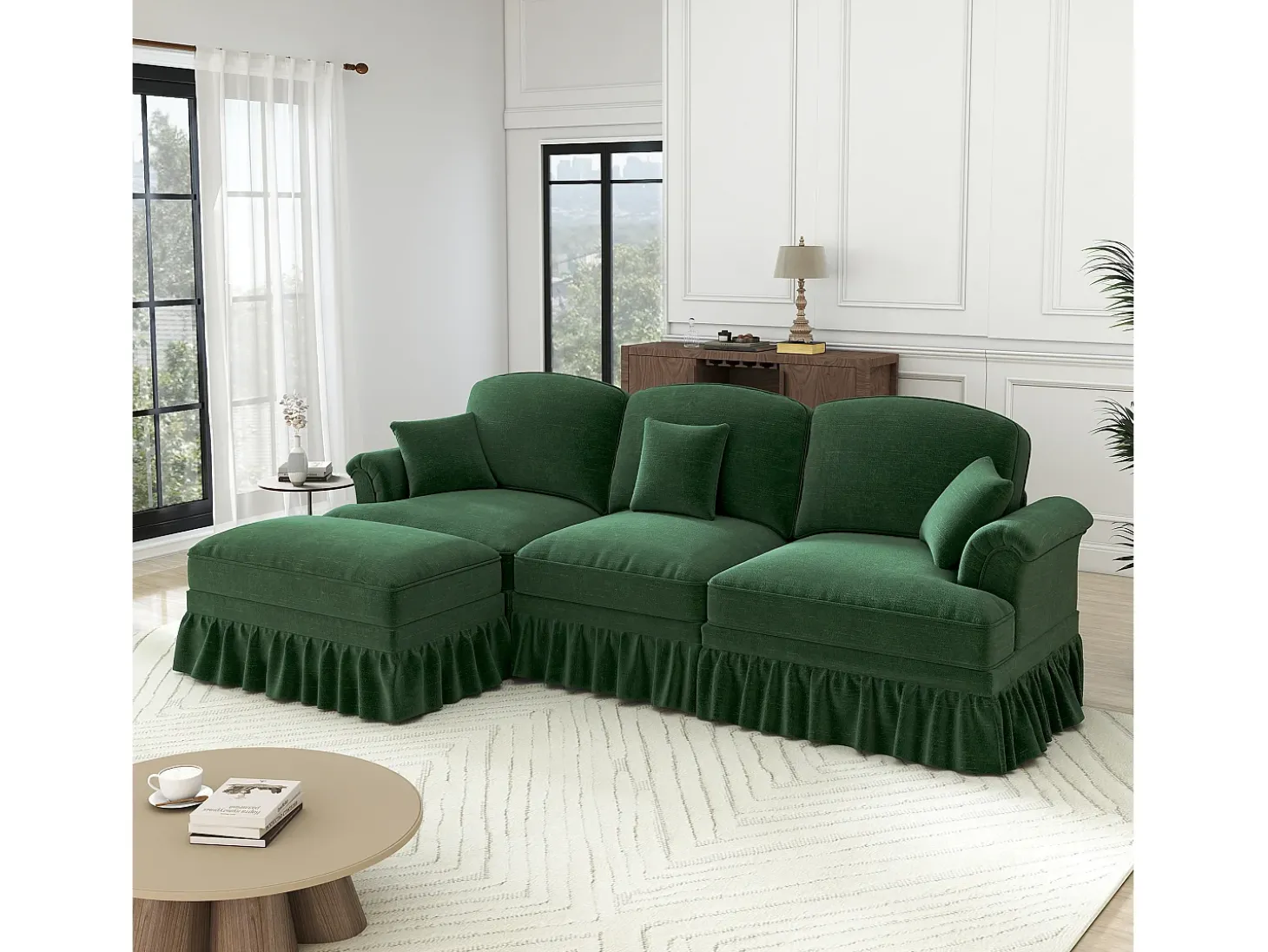 Sofá verde de 3 lugares com apoio lombar - Apoio para os pés móvel - Tecido chenille