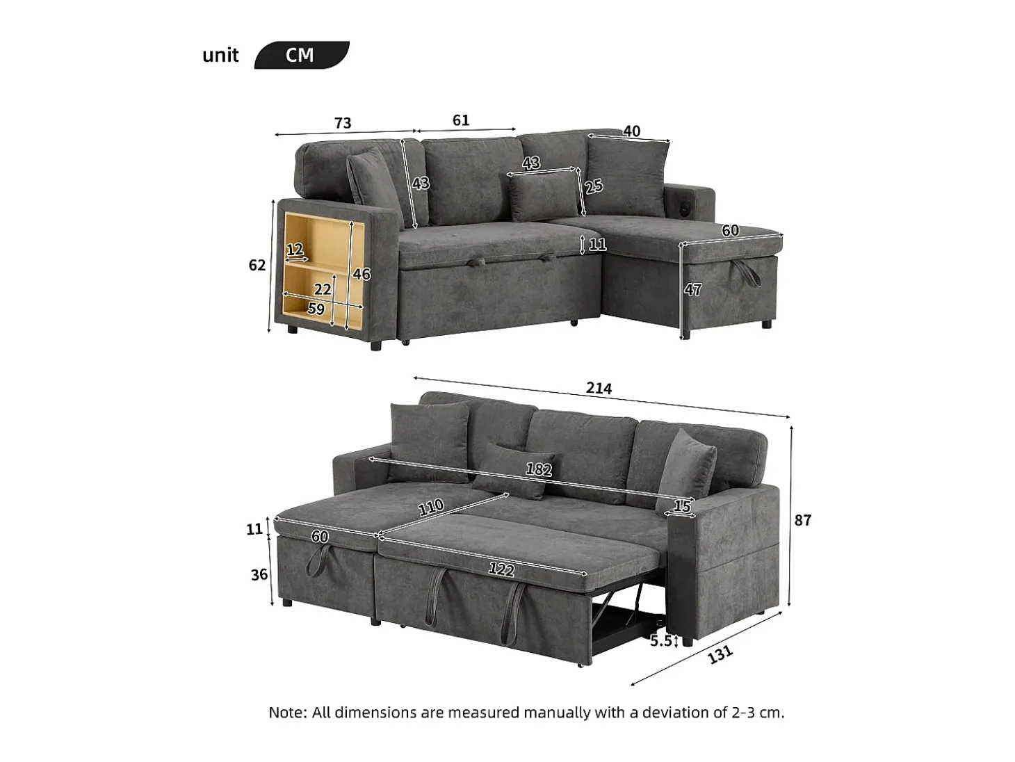 Sofá 215x133x85 cm - com porta USB - com arrumação - com função de cama - cinza