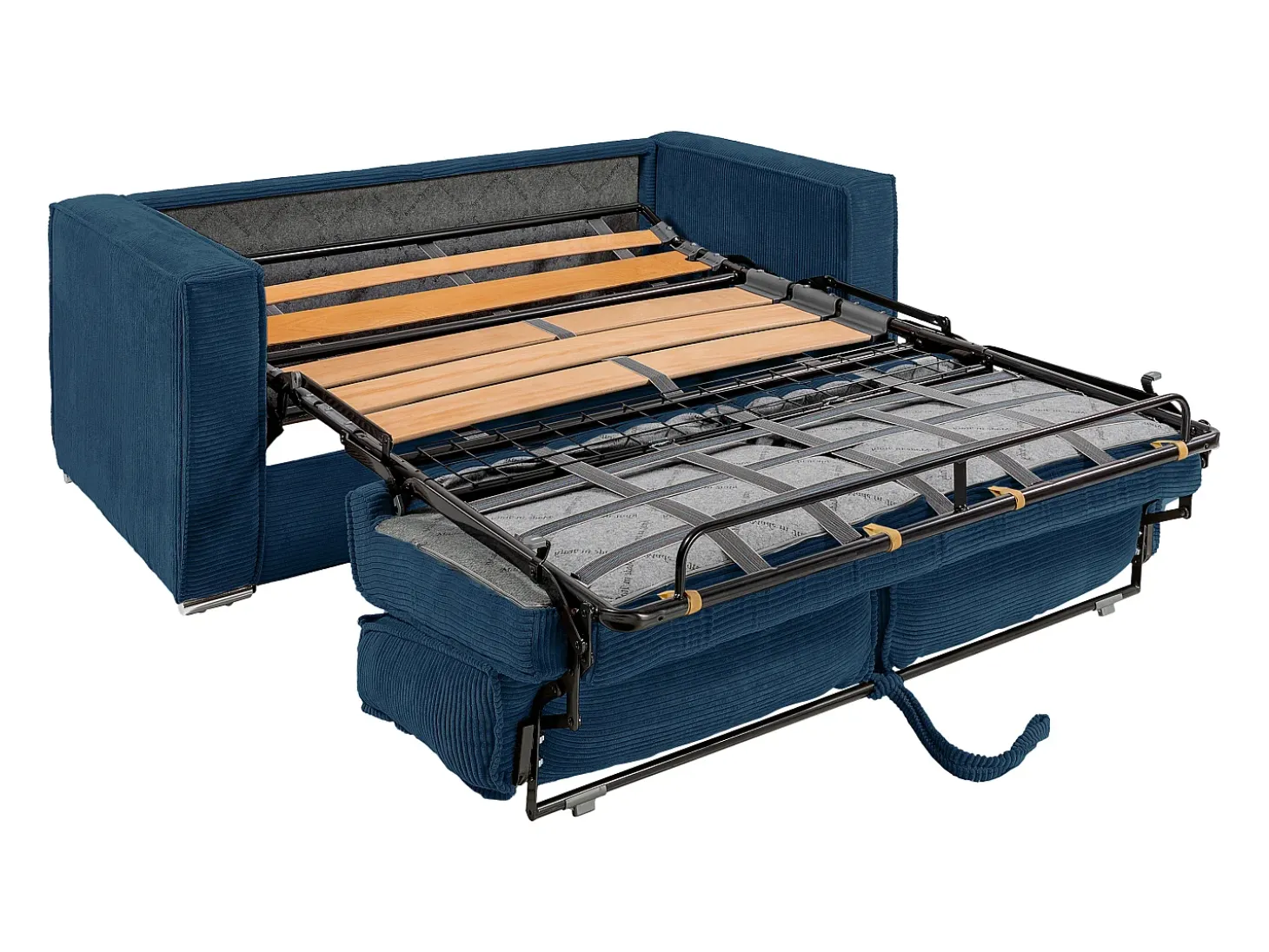 Sofá-cama 160 cm veludo canelado azul noite assento memória de forma ripas largas 14 cm LORETO