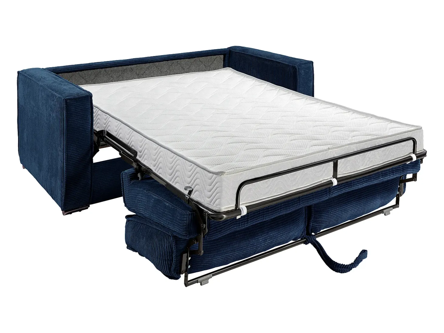 Sofá-cama 160 cm veludo canelado azul noite assento memória de forma ripas largas 14 cm LORETO