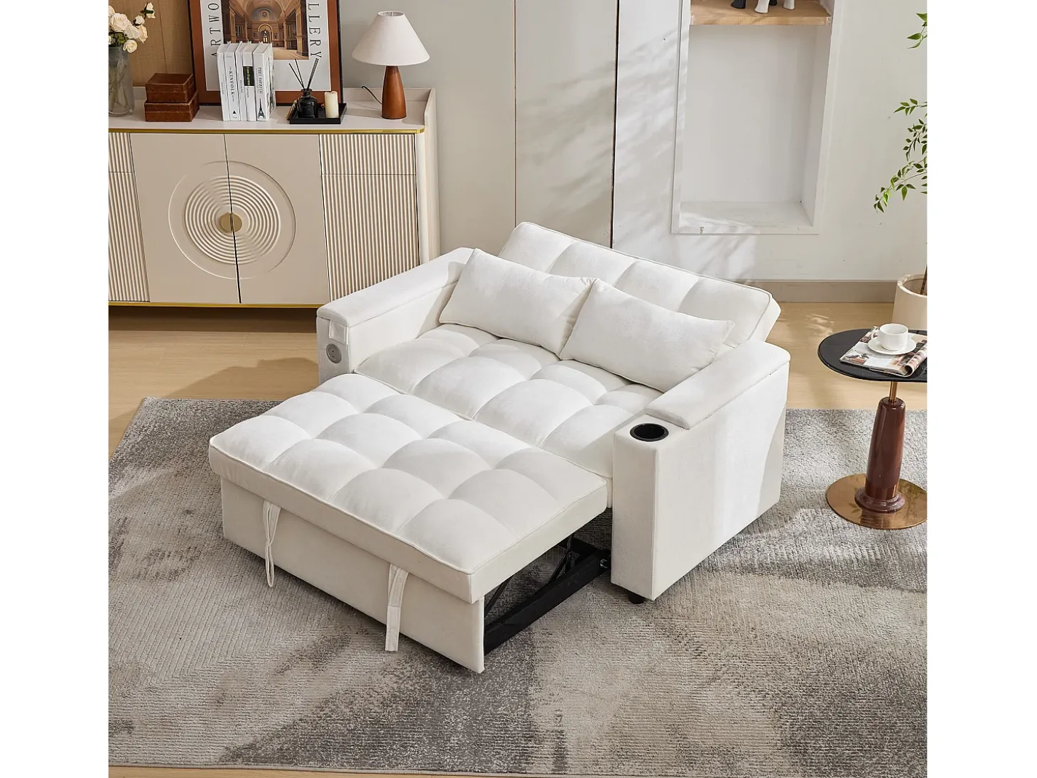 Sofá-cama 2 lugares 3 em 1 - 140,5 x 74 x 82 cm - com encosto ajustável + USB + 1 mesa escondida - MDF - bege