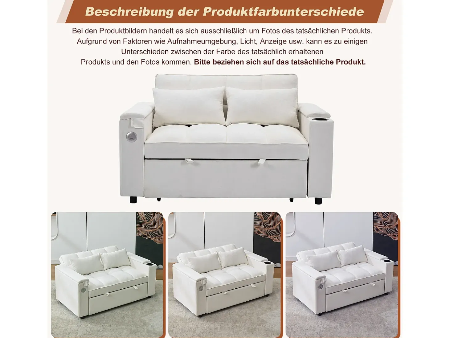Sofá-cama 2 lugares 3 em 1 - 140,5 x 74 x 82 cm - com encosto ajustável + USB + 1 mesa escondida - MDF - bege