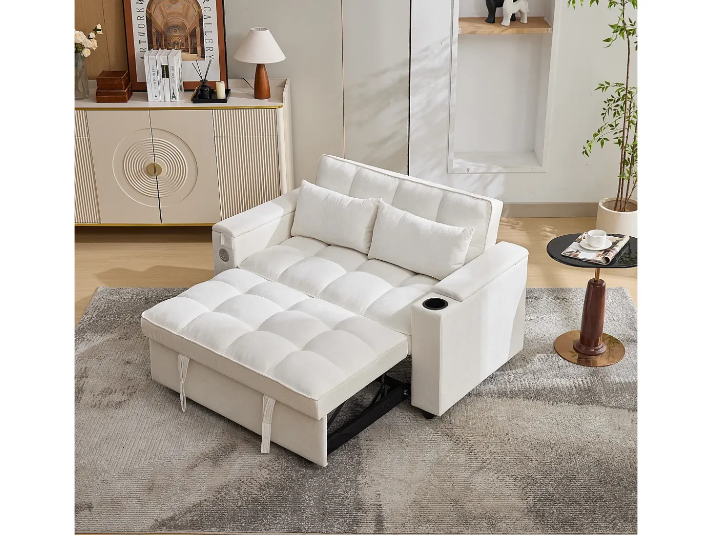 Sofá-cama 2 lugares 3 em 1 - 140,5 x 74 x 82 cm - com encosto ajustável + USB + 1 mesa escondida - MDF - bege