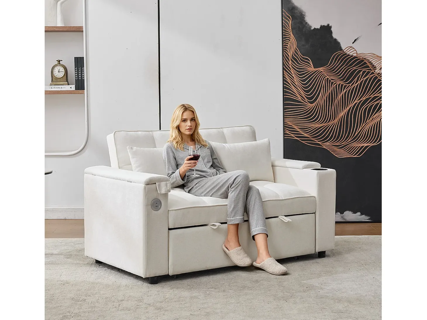 Sofá-cama 2 lugares 3 em 1 - 140,5 x 74 x 82 cm - com encosto ajustável + USB + 1 mesa escondida - MDF - bege