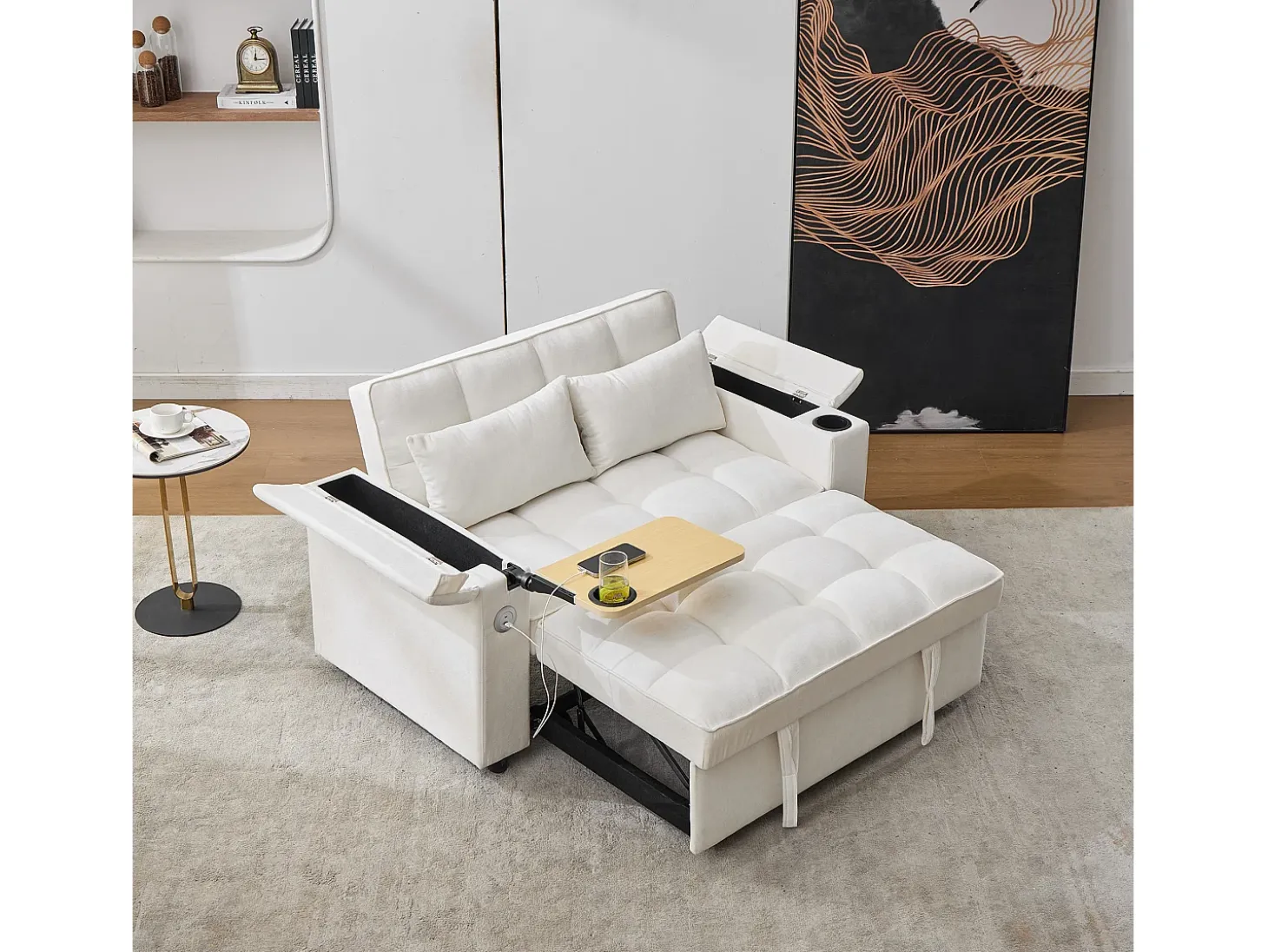 Sofá-cama 2 lugares 3 em 1 - 140,5 x 74 x 82 cm - com encosto ajustável + USB + 1 mesa escondida - MDF - bege