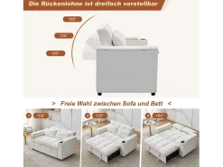 Sofá-cama 2 lugares 3 em 1 - 140,5 x 74 x 82 cm - com encosto ajustável + USB + 1 mesa escondida - MDF - bege