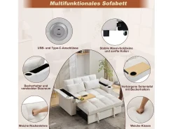 Sofá-cama 2 lugares 3 em 1 - 140,5 x 74 x 82 cm - com encosto ajustável + USB + 1 mesa escondida - MDF - bege