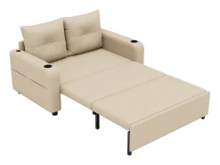 Sofá-cama 2 lugares 3 em 1 - Modelo desdobrável - Porta-copos e bolso lateral - Almofada de encosto - Porta USB - algodão e linho - Bege