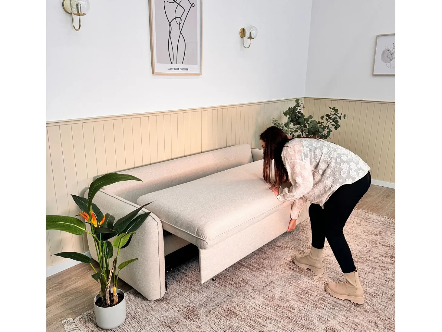 Sofá-cama 3 lugares Bege com abertura fácil (225 x 140 x 91 cm) - CHLOE