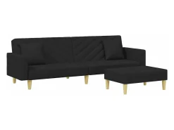 Sofá-cama 2 lugares c/ almofadas e apoio de pés tecido preto