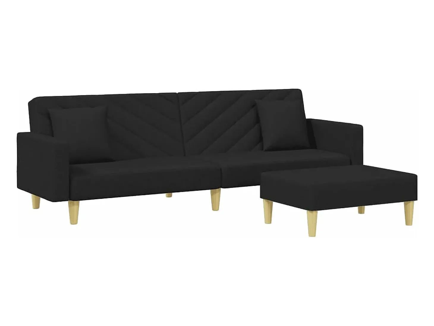Sofá-cama 2 lugares c/ almofadas e apoio de pés tecido preto