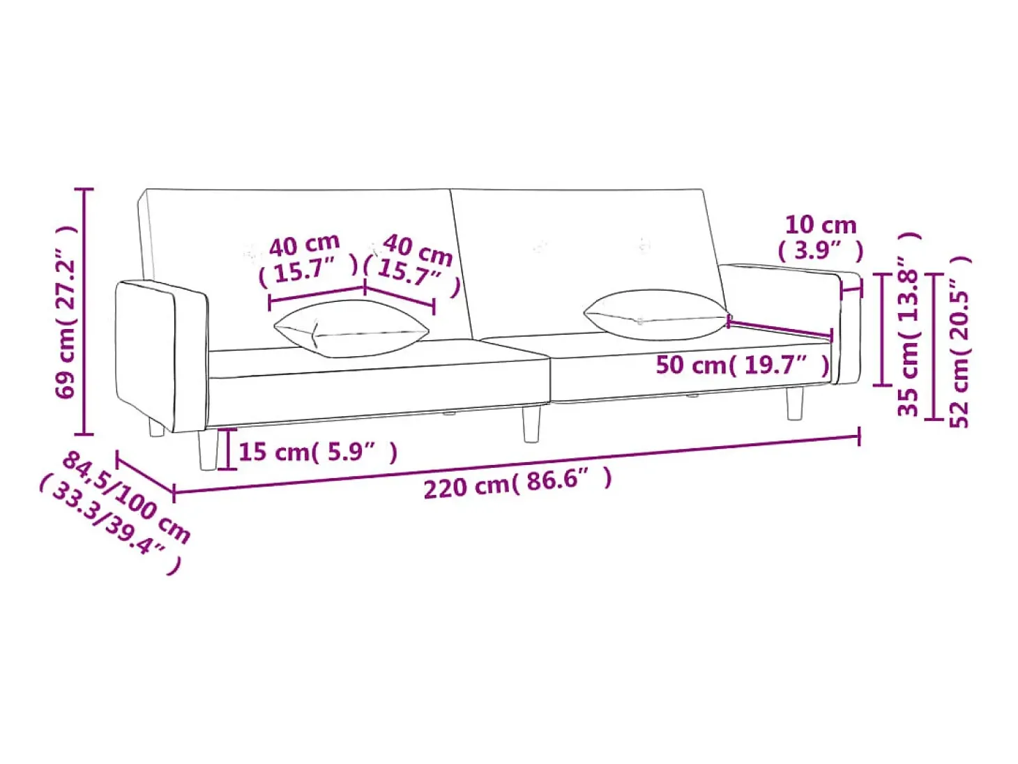 Sofá-cama 2 lugares c/ duas almofadas tecido cinza-acastanhado