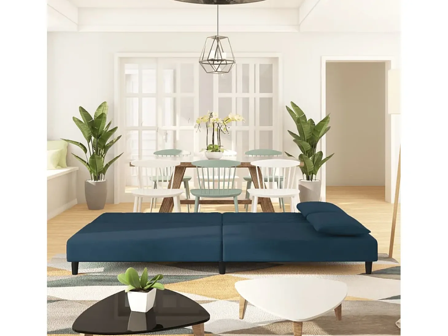 Sofá-cama 2 lugares com duas almofadas veludo azul PT605208